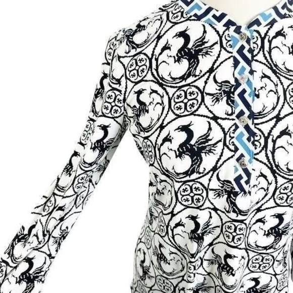 J McLaughlin Tunic Top Catalina Cloth Black White Phoenix Print 3/4 Sleeve Sz M - Picture 2 of 11